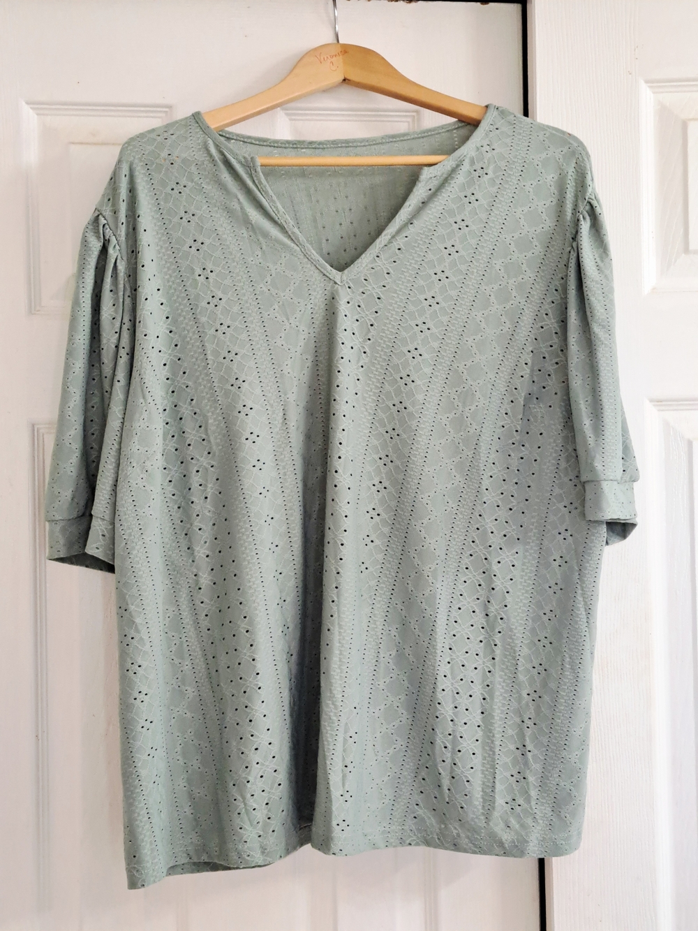 V-Neck Eyelet Top - Sage Green